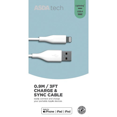 ASDA Tech Lightning Cable White 0.9m