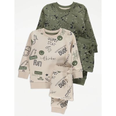 George Assorted Graffiti Doodle Print Sweatshirt and Joggers Outfit 2 Pack - Khaki